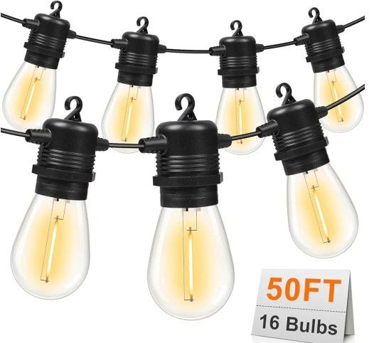 50FT LED Christmas Outdoor String Lights with 15+1 Vintage Shatterproof Waterproof S14 Bulbs, 2700K Commercial Grade Patio Lights
