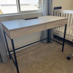 Loring Wood Writing Desk with Drawers and Charging Station Oak