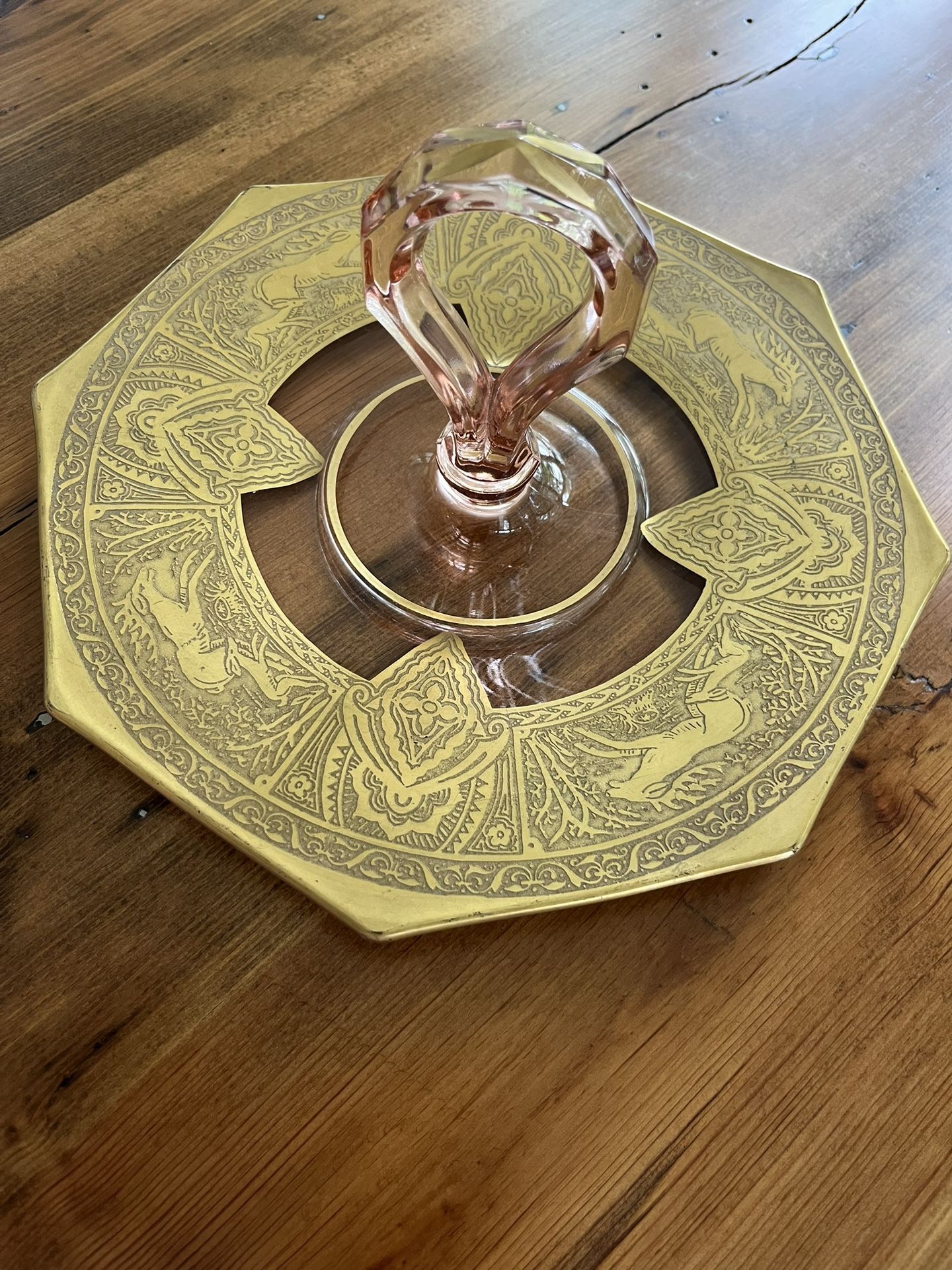 Vintage Pink Depression Glass With Gold Deer Running Tidbit Tray
