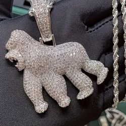 Exquisite Micro Pave 14K White Gold-Plated A+ Cubic Zirconia Premium Roaring Gorilla Pendant With 24" Rope Chain Necklace 