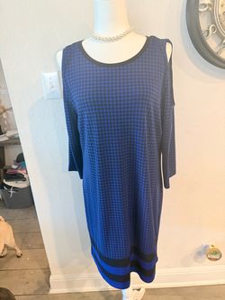 Blue & Black Houndstooth Cold Shoulder Dress
