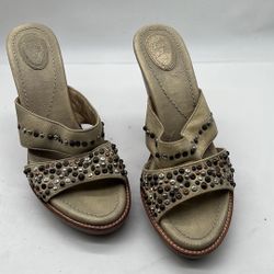Frye Stone Beaded Joy Open Toe Wood Sole Platform Sandal Heel size 8.5 B