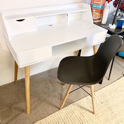 NEW White desk with storage, drawers and gray plastic chair.   —- Visit EN Miller Antique Mall in Verona.  —-Booth S-20. 2nd Floor