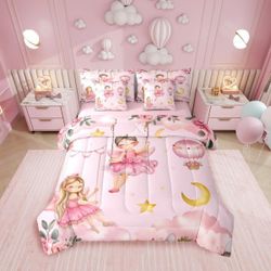 Comforter Bedding Set 7 Piece for Girls - Pink Fairy On A Swing  Twin  Butterflies, Moon and Stars 