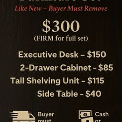Executive Workspace Set – Like New, Buyer Must Remove

Title: Executive Office Furniture Set – Desk, Cabinet, Shelves (Like New)  
