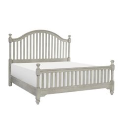Benzara Ugo Queen Bed- Slatted Arched Headboard- Finial Accents- Gray Wood Frame