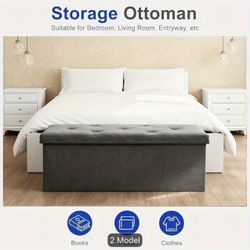 Storage Ottoman Bench with Bins, 43in Storage Bench for Bedroom End Of Bed, Folding Foot Rest Ottoman for Living Room Max 660lbs, Fabric Ottomans, Gre