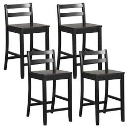 New Set of 4 Black 24 in. Ergonomic Backrest Solid Wood Frame Bar Stools - Counter Height Stools