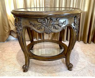 ⭕️ French Provincial Side Table with Glass Top & Lower Shelf