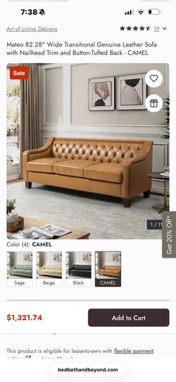Mateo 82.28" Wide Transitional Genuine Leather Sofa with Nailhead Trim and Button-Tufted Back - CAMEL