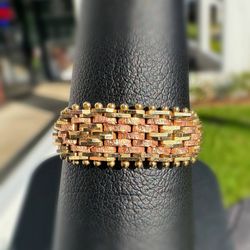 Jewelry 14k solid yellow two tone gold round cut bark elastic Ring sz 9.50