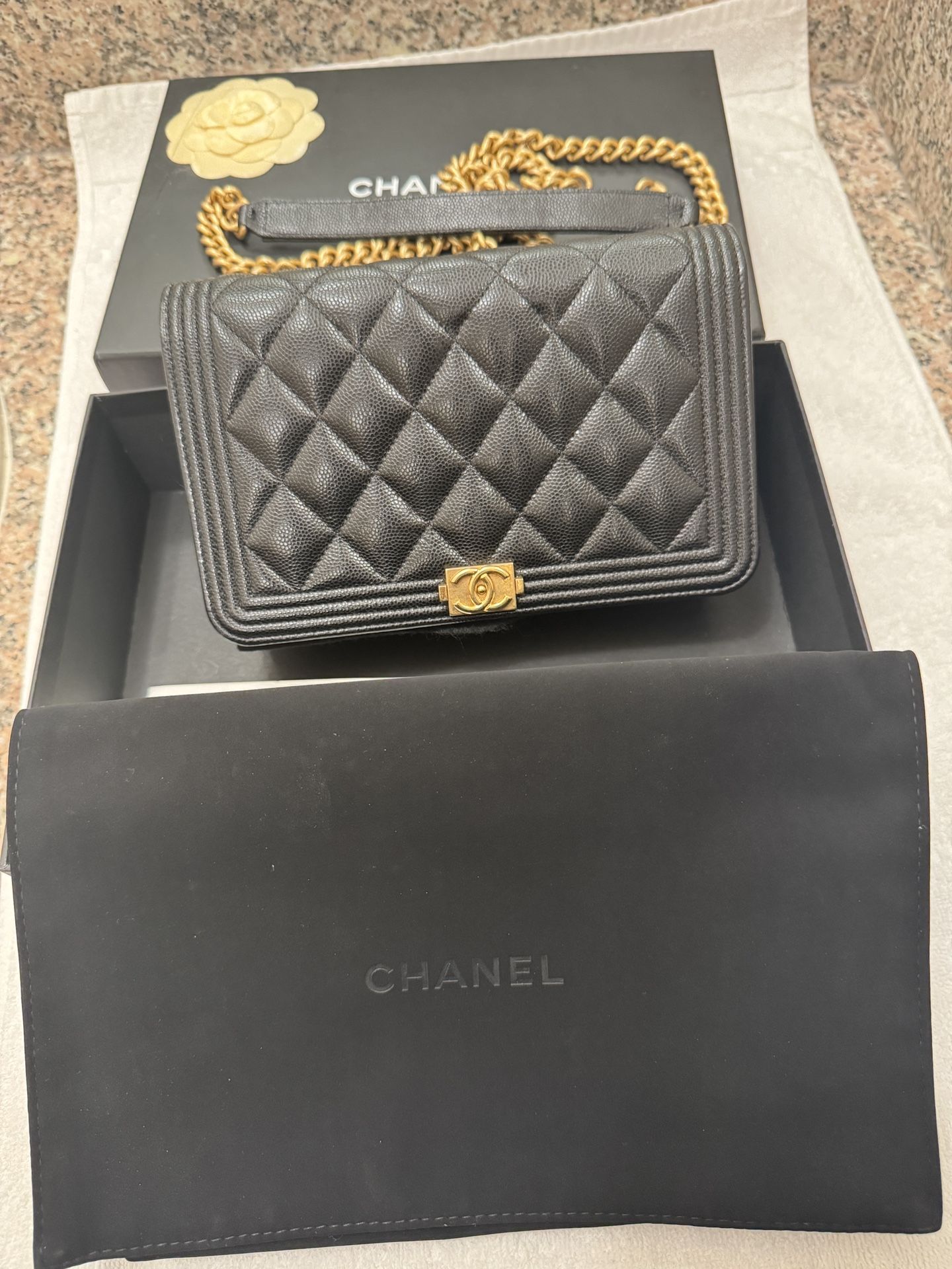 **PRE-OWNED** CHANEL Boy Wallet On Chain BLACK w/ GOLD Quilted Caviar Purse