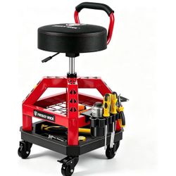 Rolling Shop Stool with Wheels, Heavy Duty Garage Work Mechanic Stool with Backrest, Adjustable Height 360°Swivel Rolling Chair with Tool Tray Storage