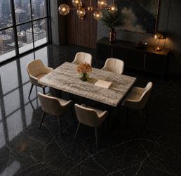 Modern Dining Table with 6 PU Leather chairs, 62.9-inch Rectangular Wooden Dining Table Set With Chairs.