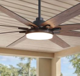 New 84” Indoor/Outdoor Downrod Mount Ceiling Fan W Light& Remote Adjustable Dimmable Reversible