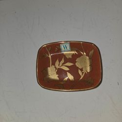 Vintage Wamsutta rectangular trinket dish, 5.5" x 4.5", rust red base with gold rose floral design, original sticker still attached. Great for jewelry