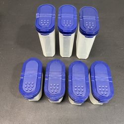 Tupperware Modular Mates Spice Container #1843 & 1846 W/ Blue Shaker Lids. Lot Of 7 Pcs. Beautiful navy blue lids with double flip caps. One cap split