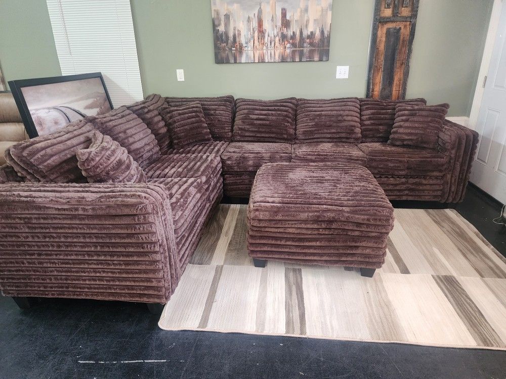 Brand New Byers Market Wham Chocolate Thick Corduroy 2pc Full Lenth Sectional & Ottoman Sets