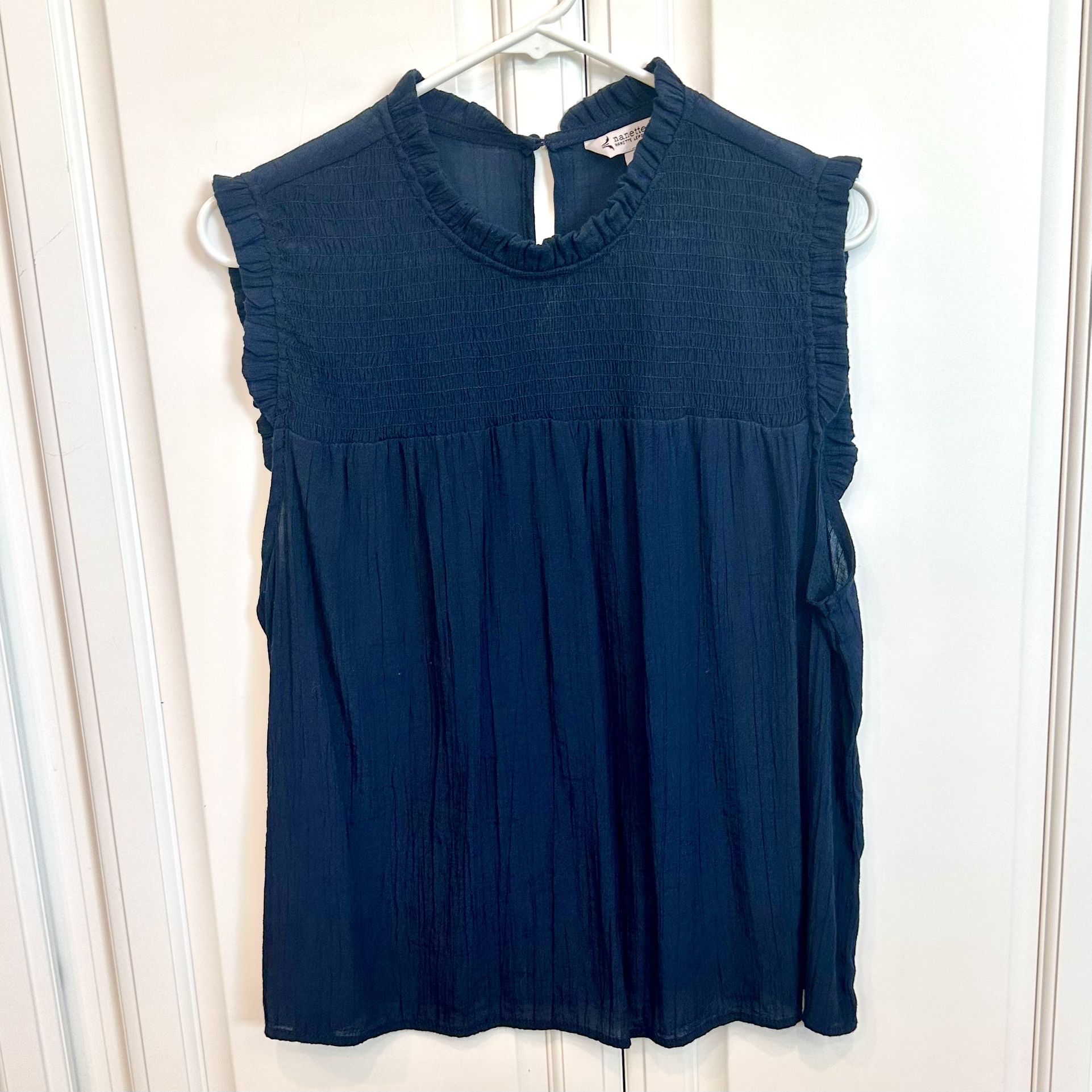 π Pretty navy blue sleeveless with ruffles and button back flowy top shirt blouse