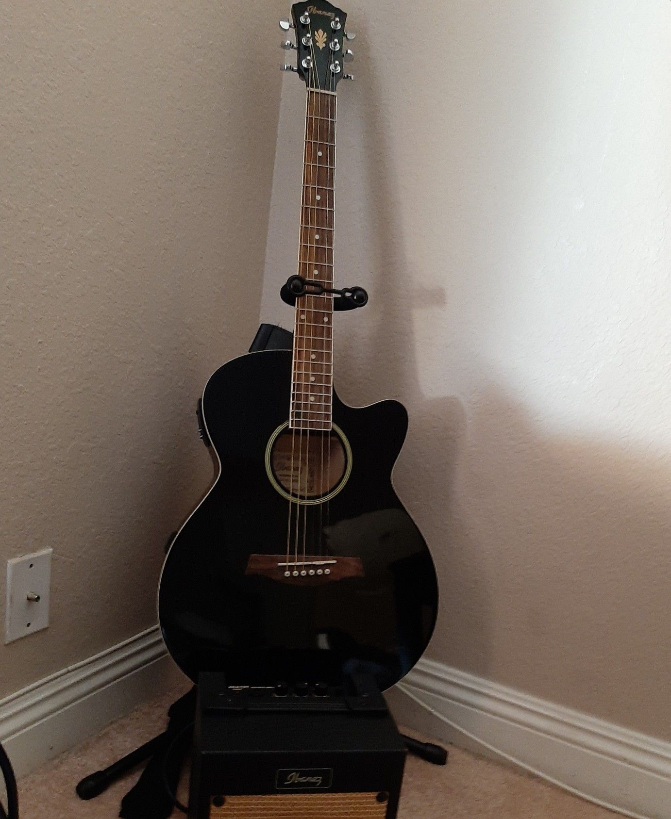 Ibanez guitar acoustic-electric w/amp, stand, case, humidifier