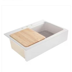 Parker Crisp White Fireclay 34" Single Bowl Quick-Fit Drop-In Farmhouse Workstation Kitchen Sink with Cutting Board, Bottom Grid

