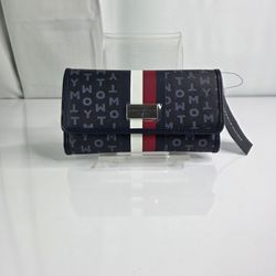 Tommy Hilfiger Black Grey Letter Name Silver Logo Flag Color TriFold Wallet.