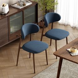 Upholstered Dining Chairs Set of 4 Mid-Century Modern Kitchen & Dining Room Chairs with Linen Seat and Backrest Ergonomic Sillas de Comedor(Walnut/Blu
