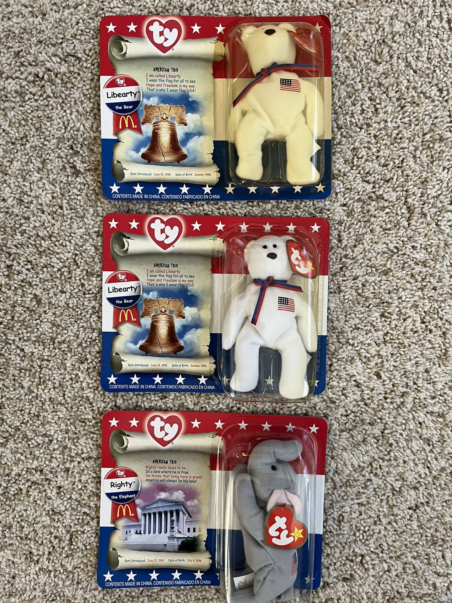 Ty Original Beanie Babies McDonald’s American Trio Bears (not The Set - Missing Lefty)