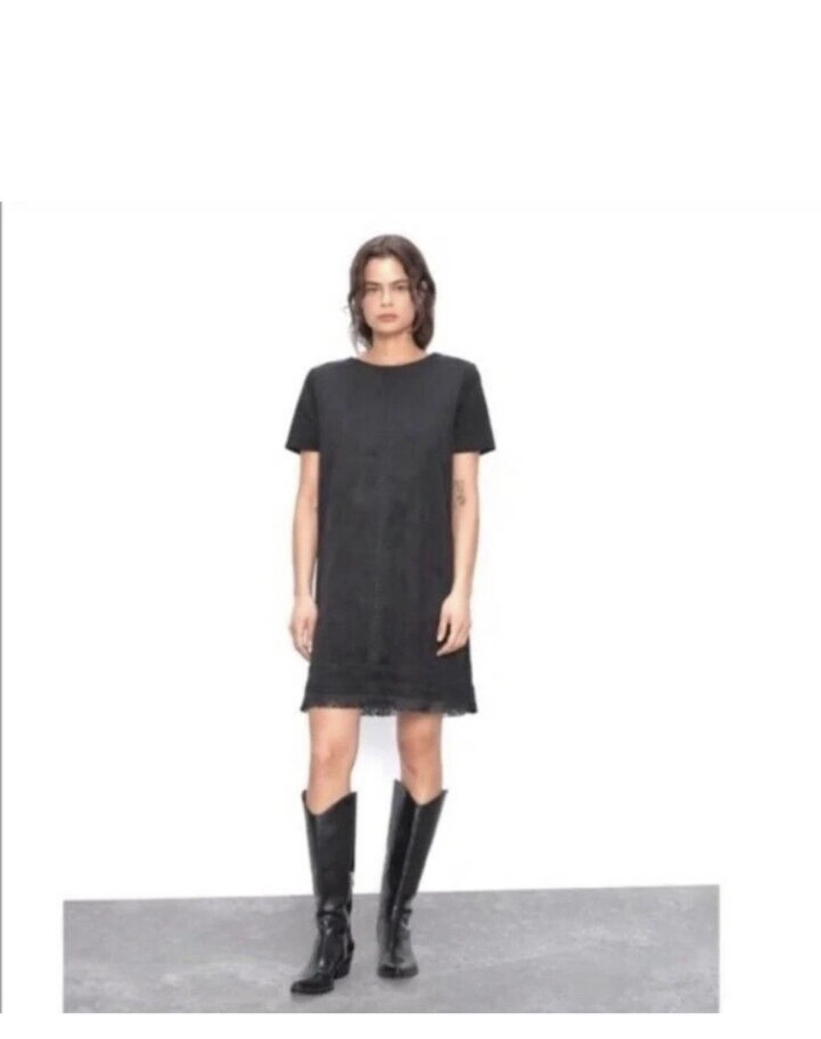 Zara Black Faux Suede short sleeve Fringe Shift dress. Size S