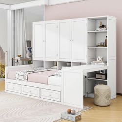 Wayfair Wooden Full Size Daybed with Built-in Workstation, Storage Shelves and Customizable Layout