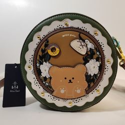 Miss Gail Green Cutout Faux Leather Studded Round Crossbody Purse w/Bear NWT