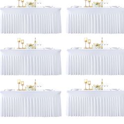 6 Pack 6ft White Spandex Table Cloths for Rectangle Tables Wrinkle Free White Rectangle Tablecloths, Stretch Fitted Table Cover with Skirt for Wedding