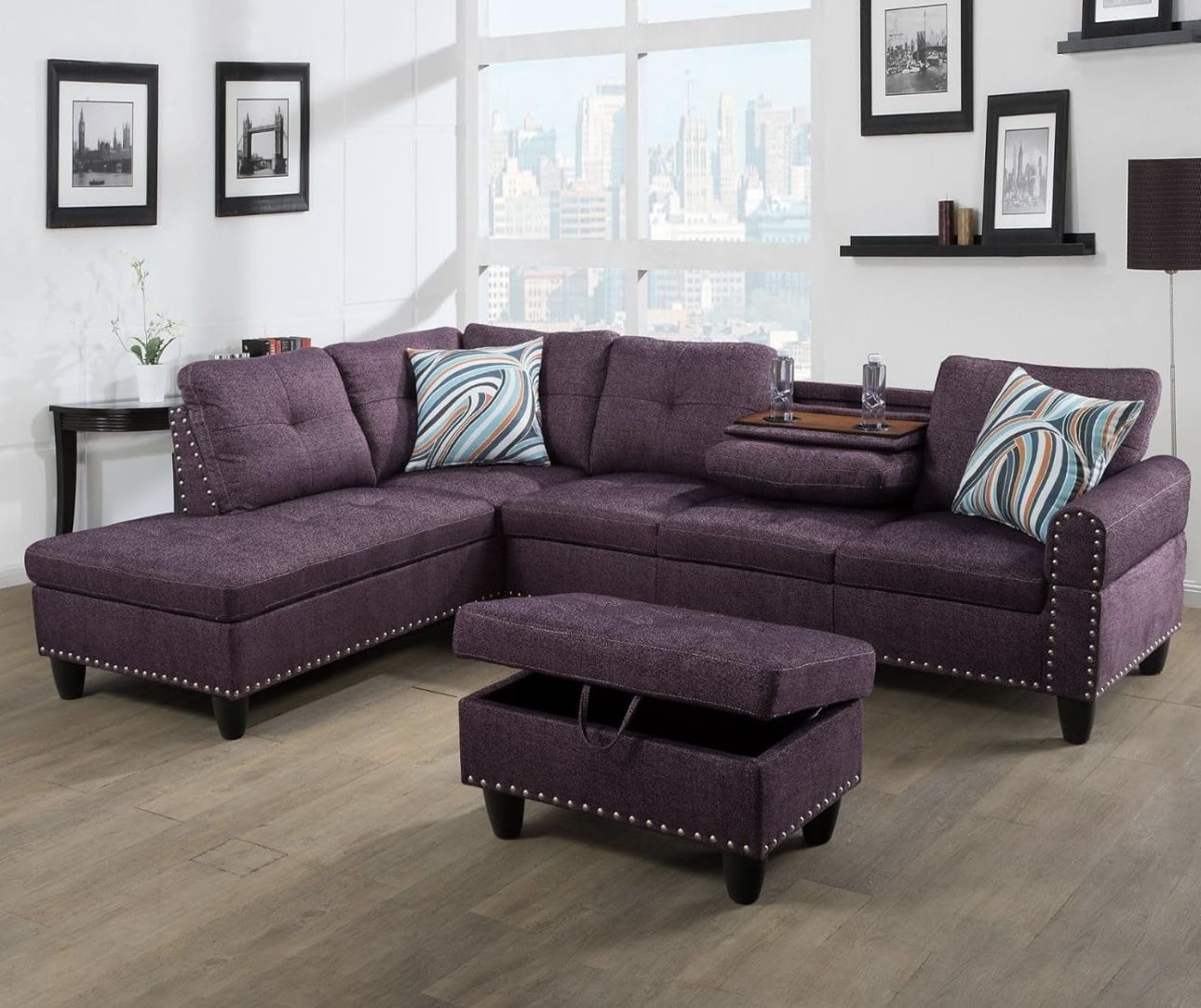 Purple Linen Sectional Couch With Drop Down Table 
