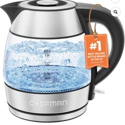 Chefman Rapid Boil 1.2L Electric Tea Kettle with Removable Lid - Stainless Steel, New