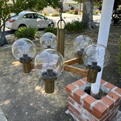 Mid-Century Modern MCM Brass Wood 5 Light Glass Globe Chandelier