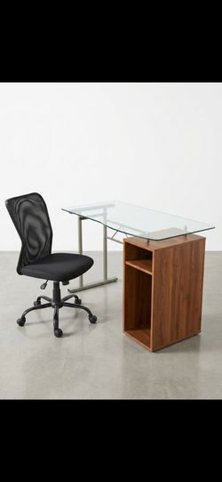 ​📌 Modern Glass & Wood Desk with Mesh Office Chair Set