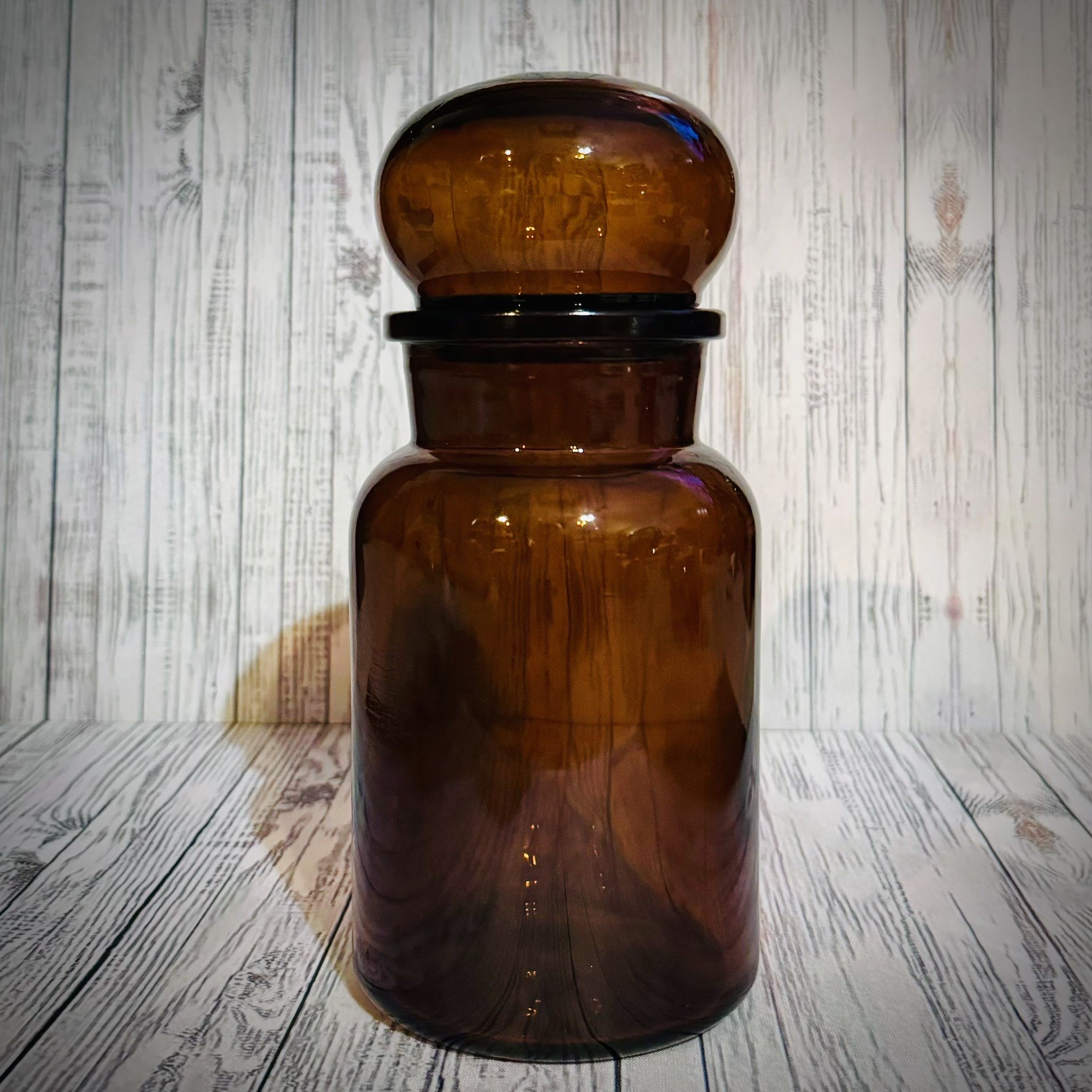 Vintage Amber Glass Canister w/ Bulbous Lid Apothecary Storage