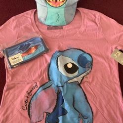 Disney Stitch Women’s T-shirt( available in size XLarge  )NWT and Disney Parks Stitch face mask and Stitch Plush Baseball Hat Blue adult size  serious