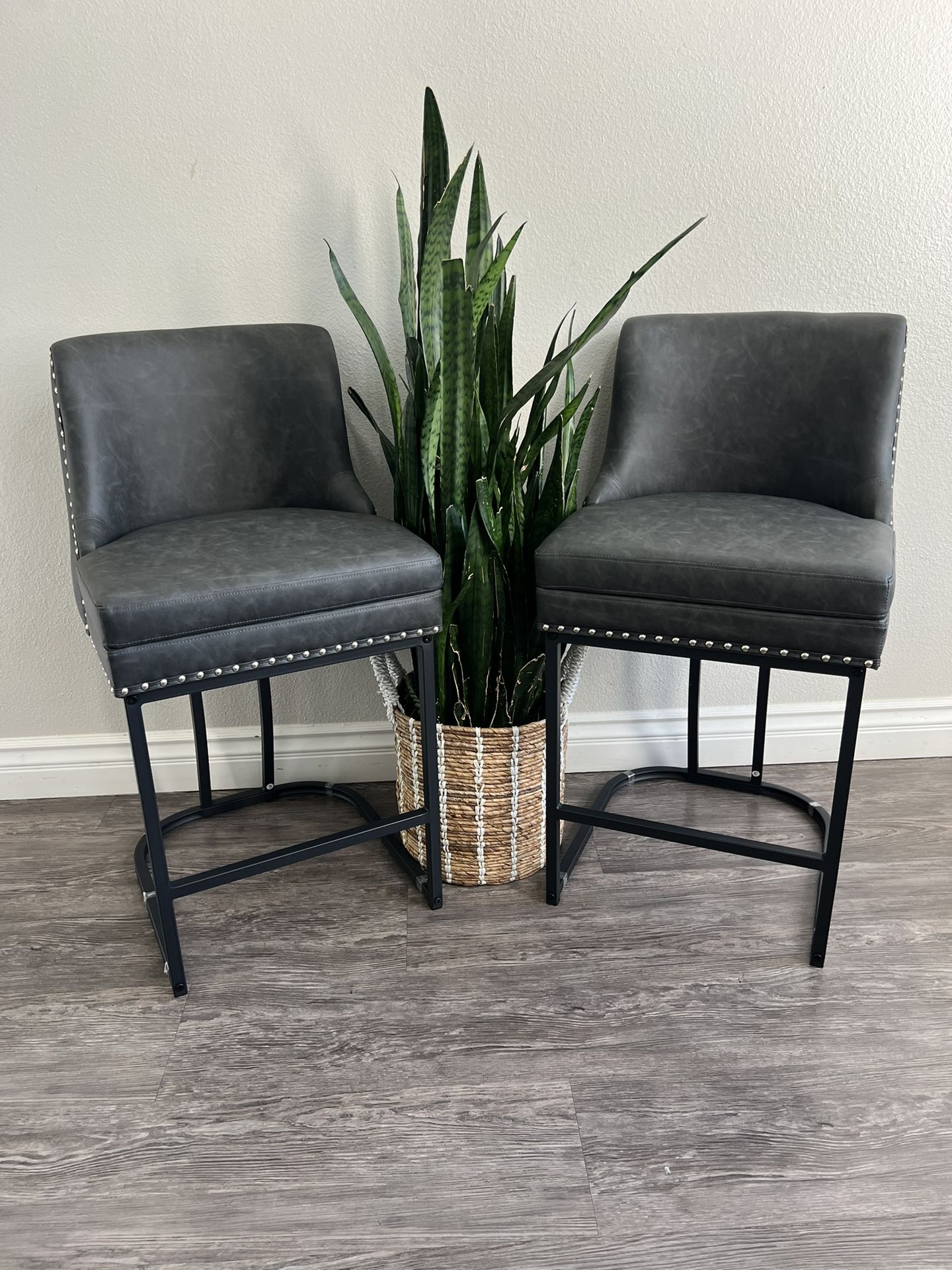 LUE BONA 26" Bar Stools Set of 2, Modern Counter Height Bar Stools with Backrest Faux Leather Double Upholstered Barstools with Metal Frames for Kitch