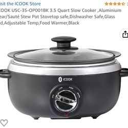 ICOOK USC-35-OP001BK 3.5 Quart Slow Cooker ,Aluminium Sear/Sauté Stew Pot Stovetop safe,Dishwasher Safe,Glass Lid,Adjustable Temp,Food Warmer,Black
