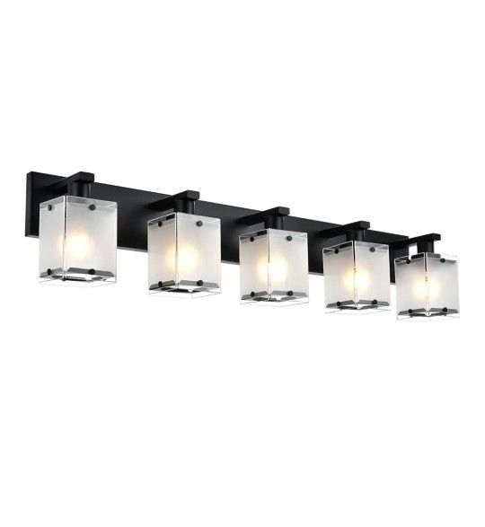 NIB 5-Lights Bathroom Light Fixtures, Matte Black Modern Vanity Lights with Rectangular Frosted Glass for Over Mirror Dressing Table, E26 Bulb Base. R