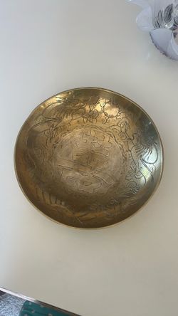 Heavy 10” Handmade 1960 Solid Brass Etched Bowl Vintage China
