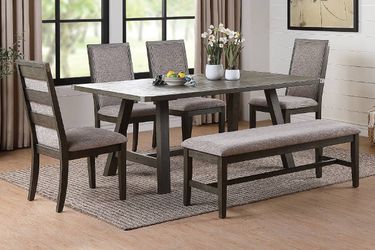 Brand new 6pcs Clive studio distressed grey (gray) wood finish dining table set with bench