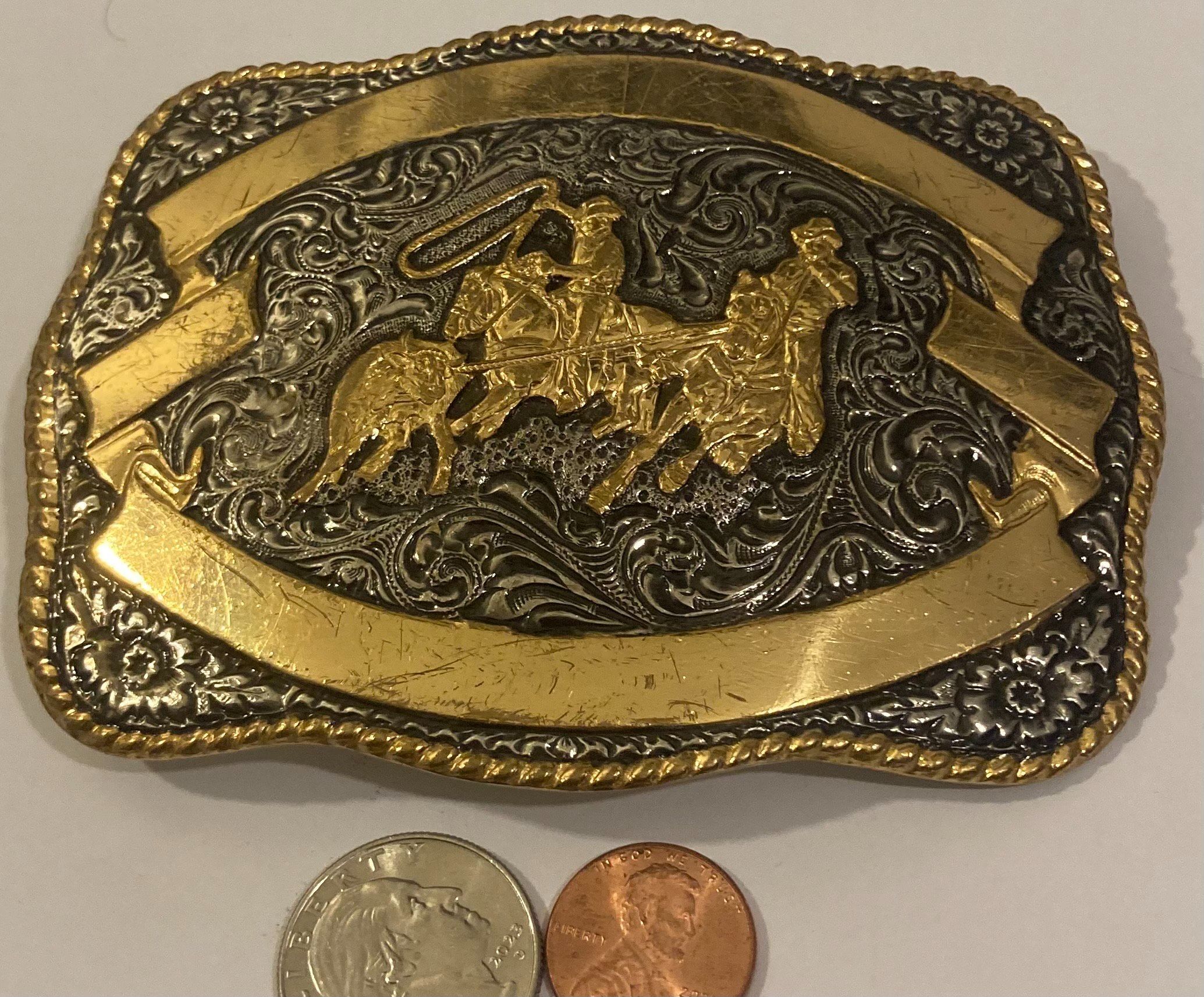 Vintage Metal Belt Buckle, Silver and Brass, Crumrine, Calf Roping, Rodeo, Nice Western Design, 4 1/2" x 3 1/4", Cowboy Style, Heavy Duty, Quality, Ma