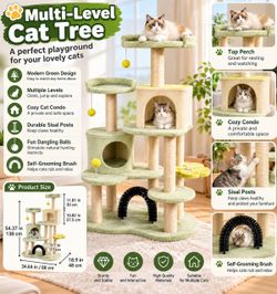 54” Multi-Level Cat Tree Tower with Condo Sisal Scratching Posts Perches Hanging Toys Grooming Brush for Indoor Cats