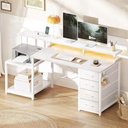  55 Inch Computer Gaming Desk with Power Outlets & 4 Drawers, Home Office Desk with Monitor Stand & Printer Shelves