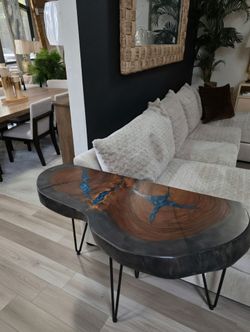 SOLID PAROTA WOOD • LIVE EDGE SOFA ACCENT TABLE• ONE-OF-A-KIND