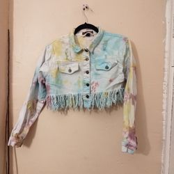 TAXI girls tie dye cropped long sleeve W/fringe waisted hem size medium 