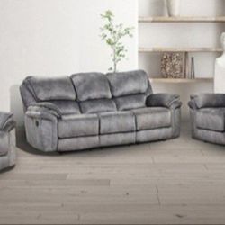Brand New Gray Leatherette 3pc Reclining Living Room Set 
