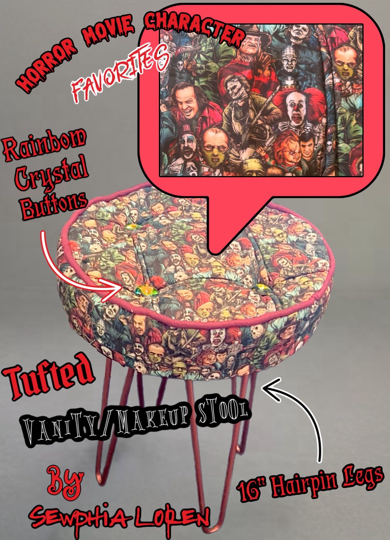 Handmade Horror Movie Character Favorites 19” Tufted Vanity/Makeup Stool